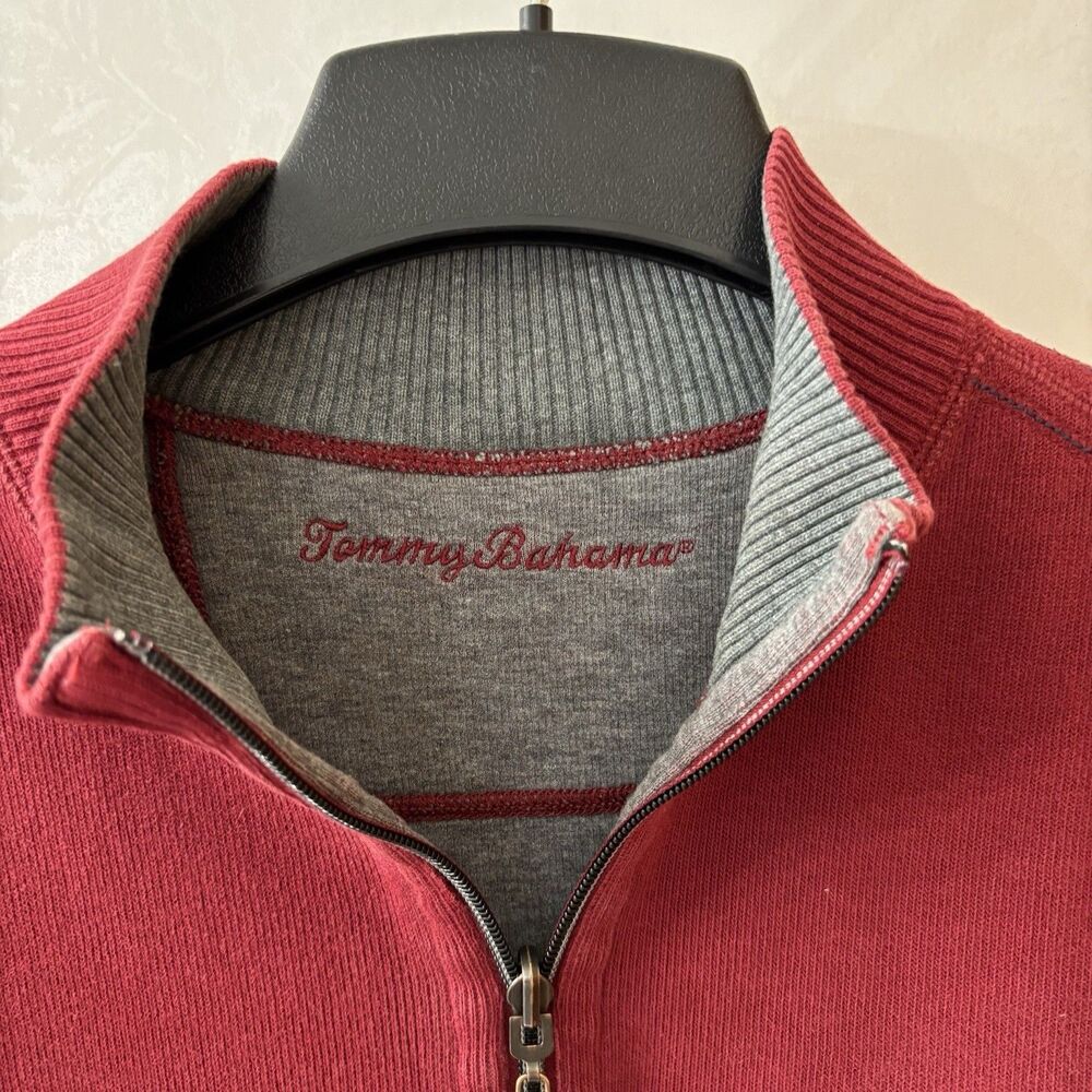 Tommy Bahama Sweater‎ Mens L Gray Red Reversible Quarter Zip Knit Pullover Flaw